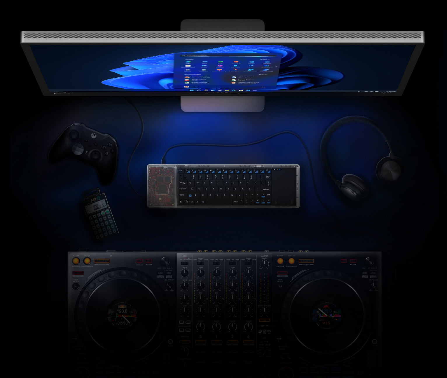 Abacus computer in a creative desktop setup